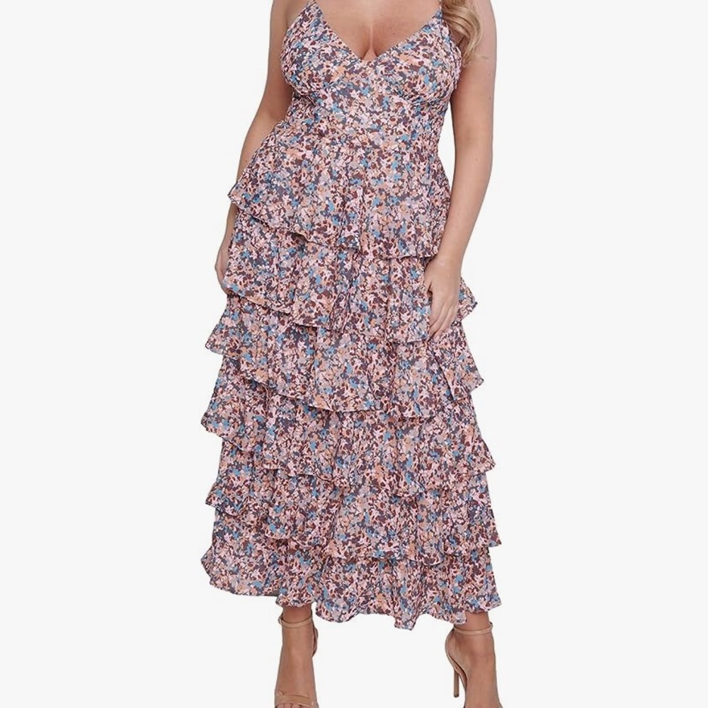 Beixinder Women Floral Print Long Dress Spaghetti Strap Tiered Ruffles Cami